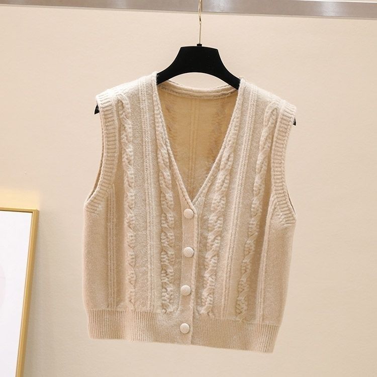 Женский кардиган на пуговицах, шерстяной вязаный кардиган, жилет свободного кроя с узором «коса», жилет в стиле преппи без рукавов, верхняя одежда