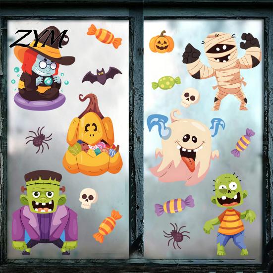Indoor Outdoor Festive Supplies Halloween Static Window Clings, Cartoon Ghost Pumpkin Witch Monsters Decals, Waterproof Removable Glass Stickers