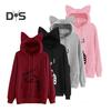 Women Fall Winter Hoodie with Big Pocket Cat Ear Decor Kitty Printing Hooded Full Sleeves Loose Pullover Home School Sport Top