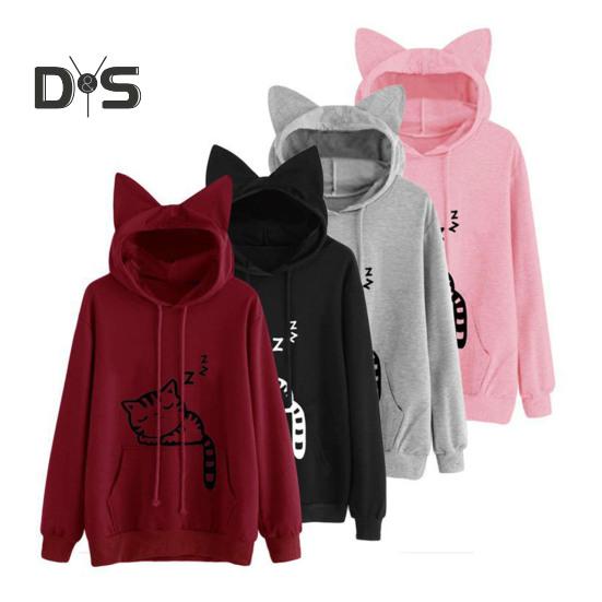 Women Fall Winter Hoodie with Big Pocket Cat Ear Decor Kitty Printing Hooded Full Sleeves Loose Pullover Home School Sport Top