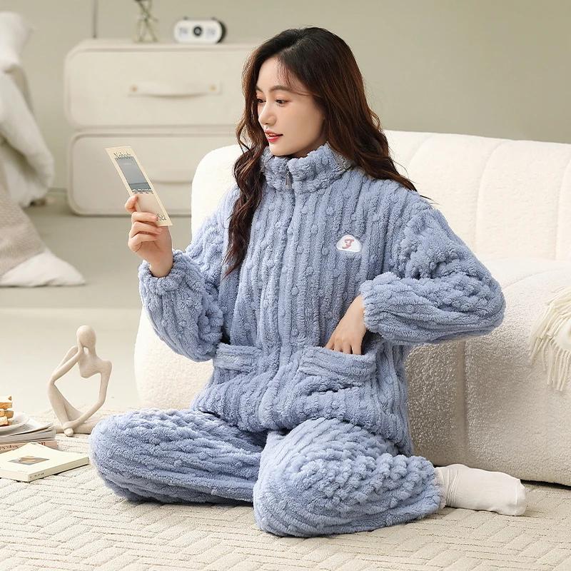Winter Thick Flannel Pajamas for Women Woman Solid Soft Sleepwear Warm Velvet Cardigan Homewear Girl Nightwear