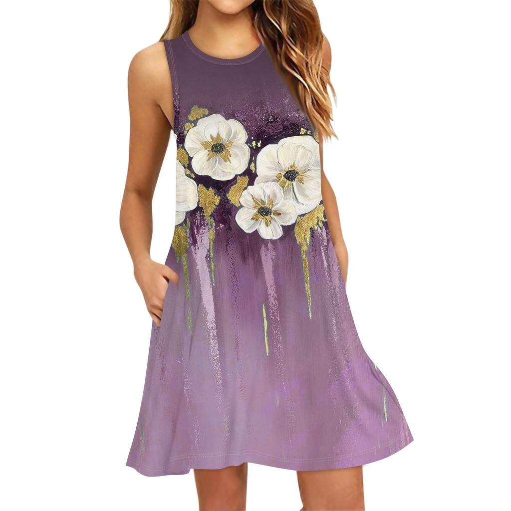 Женское модное пляжное платье без рукавов с круглым вырезом и цветочным принтом