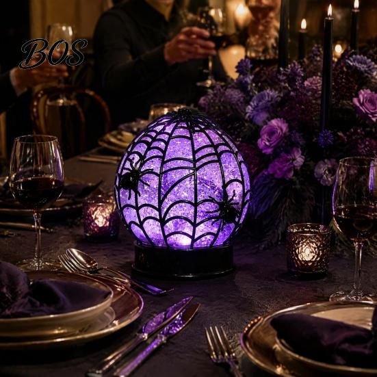 Festival Night Lamp Halloween Ghost Glitter Ball Lamp, Glowing Spiderweb Faux Crystal Sphere Light, Decorative Purple Glow Spider for Holiday