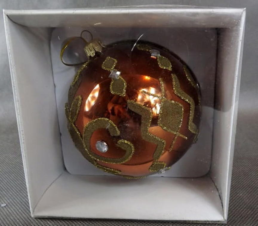 Glass Bauble 9cm - Ginger Color with Brown-Gold Decoration and Glass