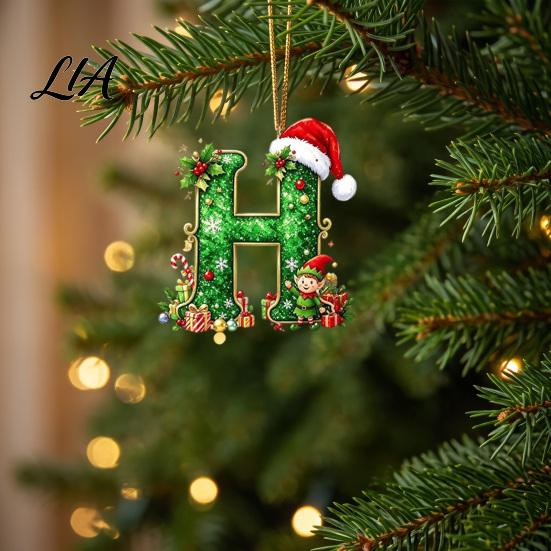 Reusable Christmas Stocking Tag 26 Alphabet Ornament, Personalized Letters Acrylic Tree Hanging Decoration with Ornament for Family Santa Hat And Elf