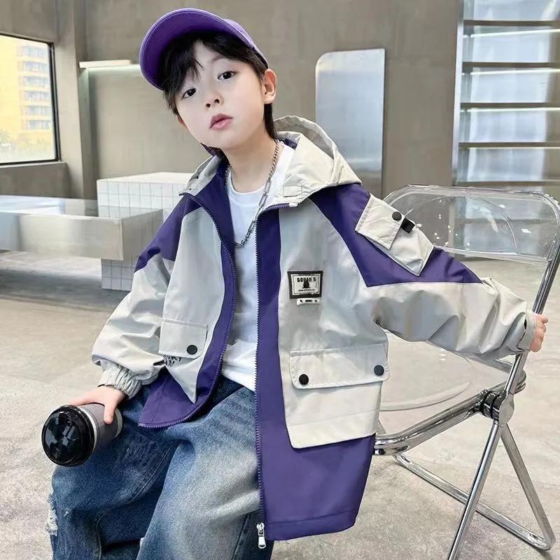 Куртки для мальчиков, весенние и осенние детские куртки, корейская мода, красивые ветровки с капюшоном для больших детей