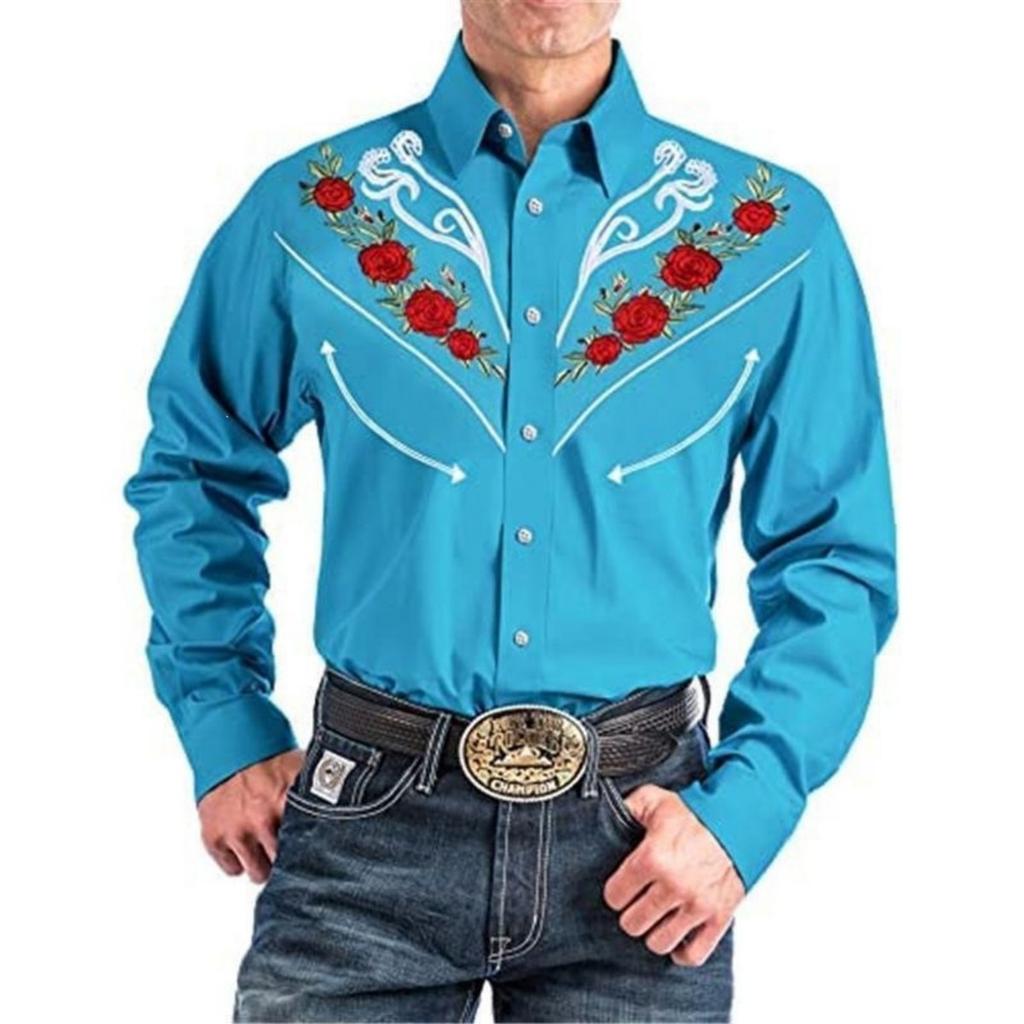 Western Style Embroidered Long Sleeve Shirt, Trendy Men's Casual Top