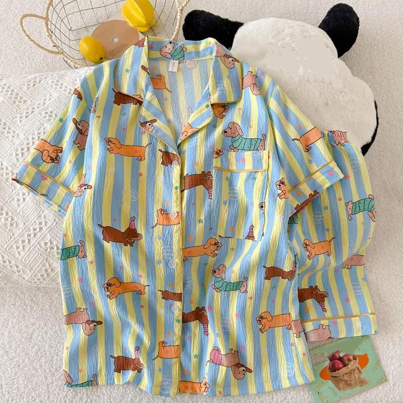 Star Striped Dog Print Kawaii Pajamas for Women Y2K Fashion Lapel Neck Women's Pajamas Summer Sweet Cute Home Wear Woman