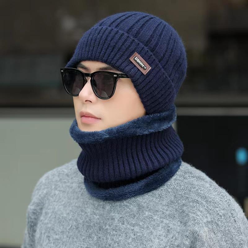 Knitted Hat, Autumn and Winter Men's Warm and Velvet Fashionable Woolen Hat New Versatile Ear Protection Hat Scarf Cold Protection Hat Thick Hat