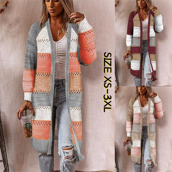 Women Cardigan Comfy Stylish Stitching Long Sleeve Striped Patchwork Sweater Female Casual Long Cardigan Autumn Winter Tops