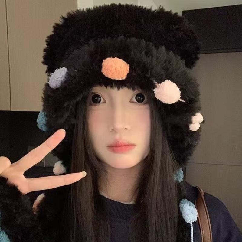 2025 Popular Cute And Fluffy Versatile Little Bear Ear Hat For Women'S Warm Autumn And Winter Colorful Lace-Up Knitted Hat