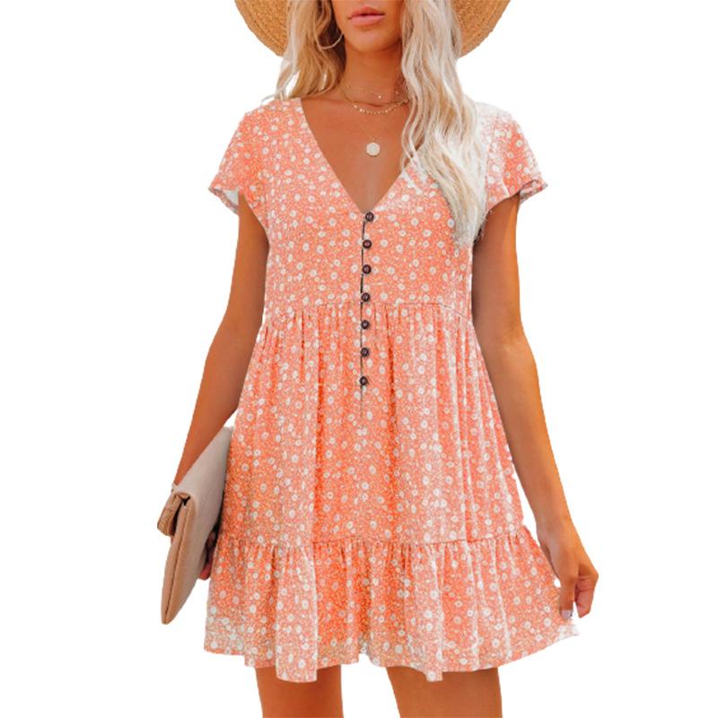 Women's Casual Short Sleeve Button Up Floral Print Patchwork Loose Mini Pleated Short Dress
