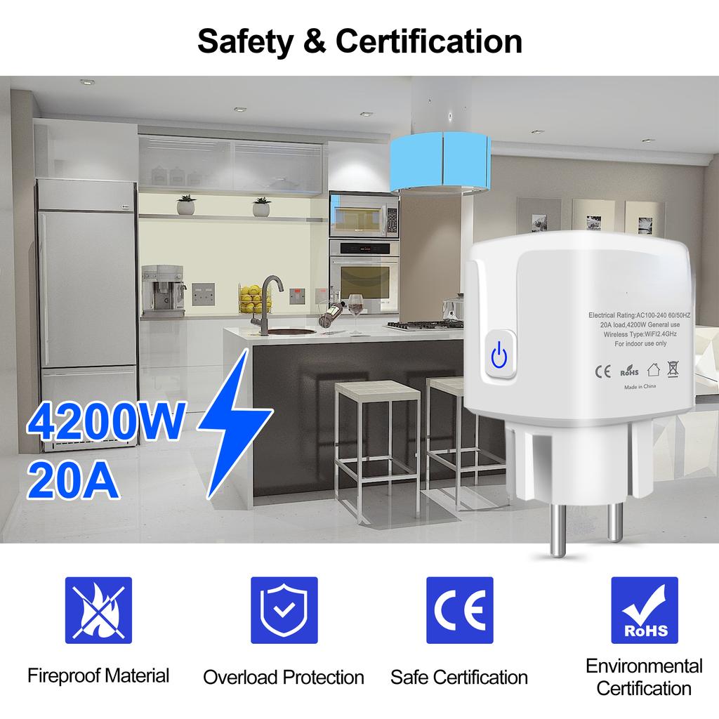 Умная розетка Tuya Wi-Fi, 20 А, умная розетка европейского стандарта с функцией таймера монитора мощности, 4200 Вт, совместимая с Alexa Google Home
