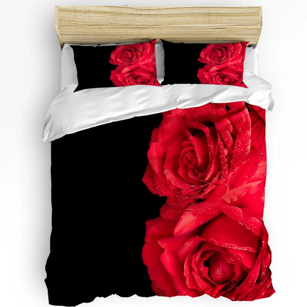 Red Rose Flower Plant White Duvet Cover Bed Bedding Set Home Textile Quilt Cover Pillowcases Bedroom Double Bedding Set No Sheet