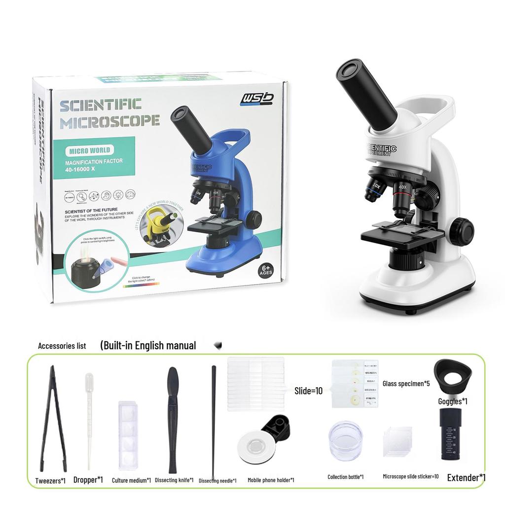 Детский HD микроскоп, научный набор с образцами, увеличение 40-16000x, для учеников начальной и средней школы.