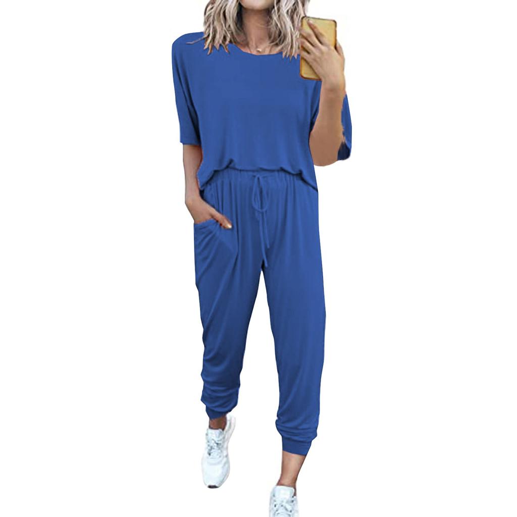 Женский свободный пуловер с круглым вырезом, повседневный модный костюм с короткими рукавами и длинными брюками