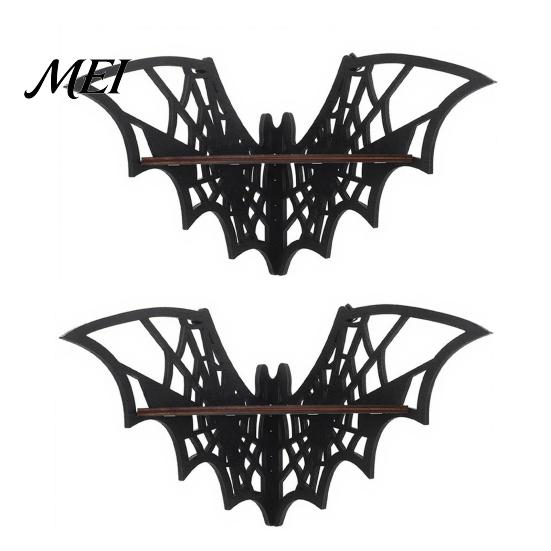 Curio Display Shelf Halloween Bat Corner Shelf, Decorative Wooden Wall Mount Home Decorations Spiderweb Design Gothic Floating Rack for Home, Bedroom,
