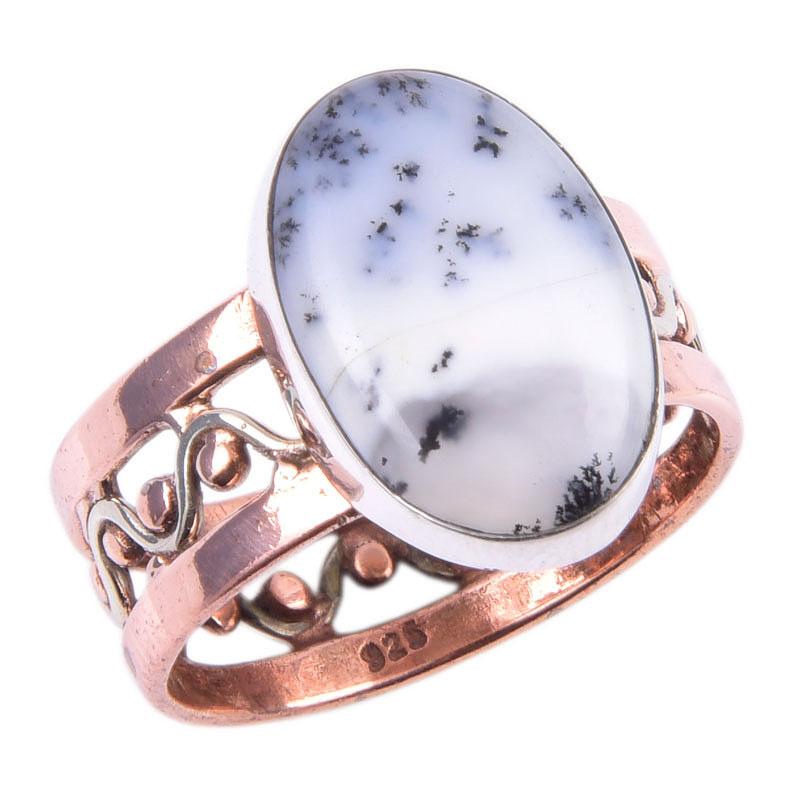 Natural Dendrite Opal Gemstone 925 Sterling Silver TwoTone Gift Ring S.9 L8m84
