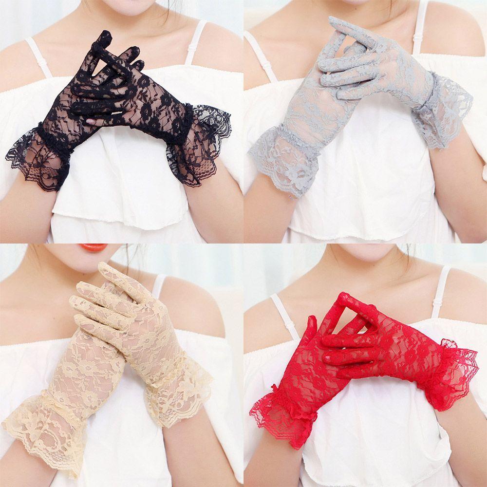 UV Protection Mittens Lace Gloves White Bride Gloves Rose Flower Pattern Party Dressy Gloves