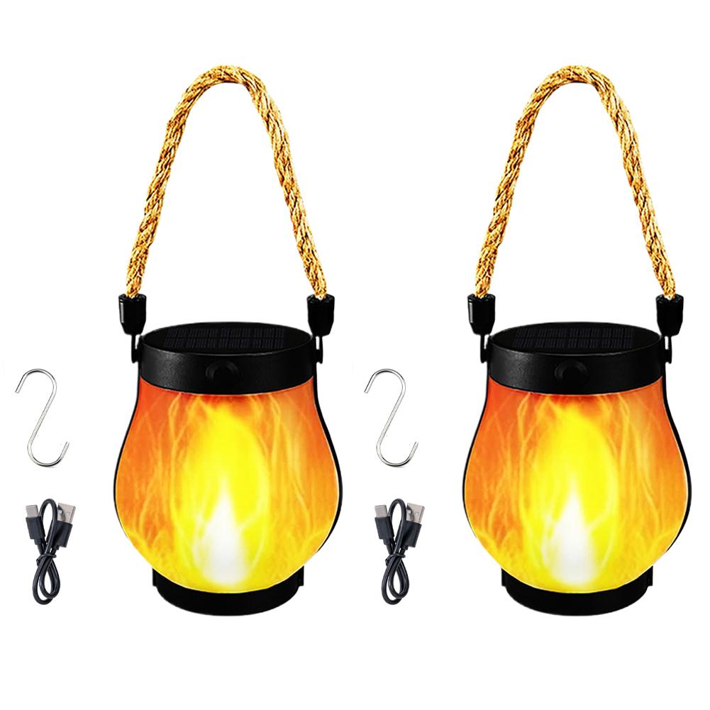 Solar Flame Light Rechargeable Hanging Courtyard Decoration Garden Lantern Lighting Lamp with Hemp Rope Outdoor Camp Decor Lamp
