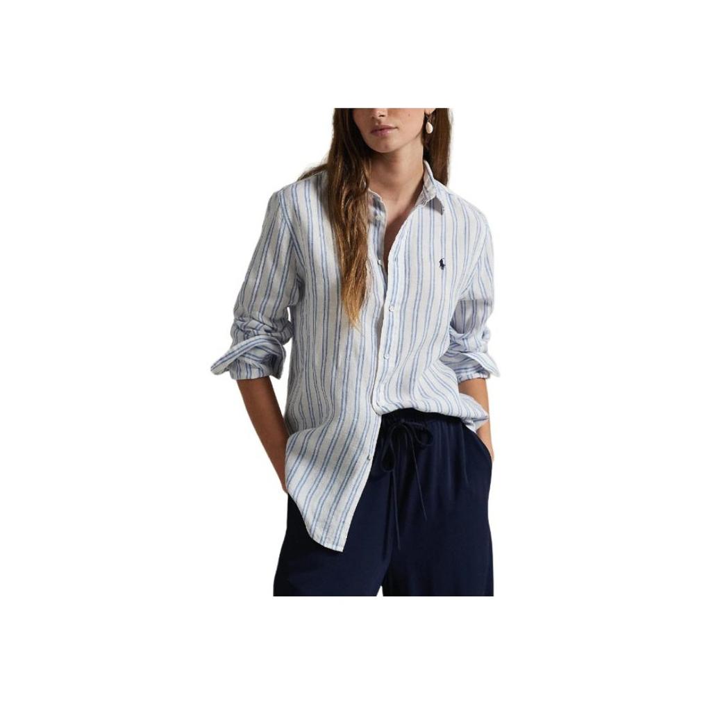 Polo Ralph Lauren Рубашка в полоску с логотипом на пуговицах, с длинным рукавом, женская, синяя 211970691-007