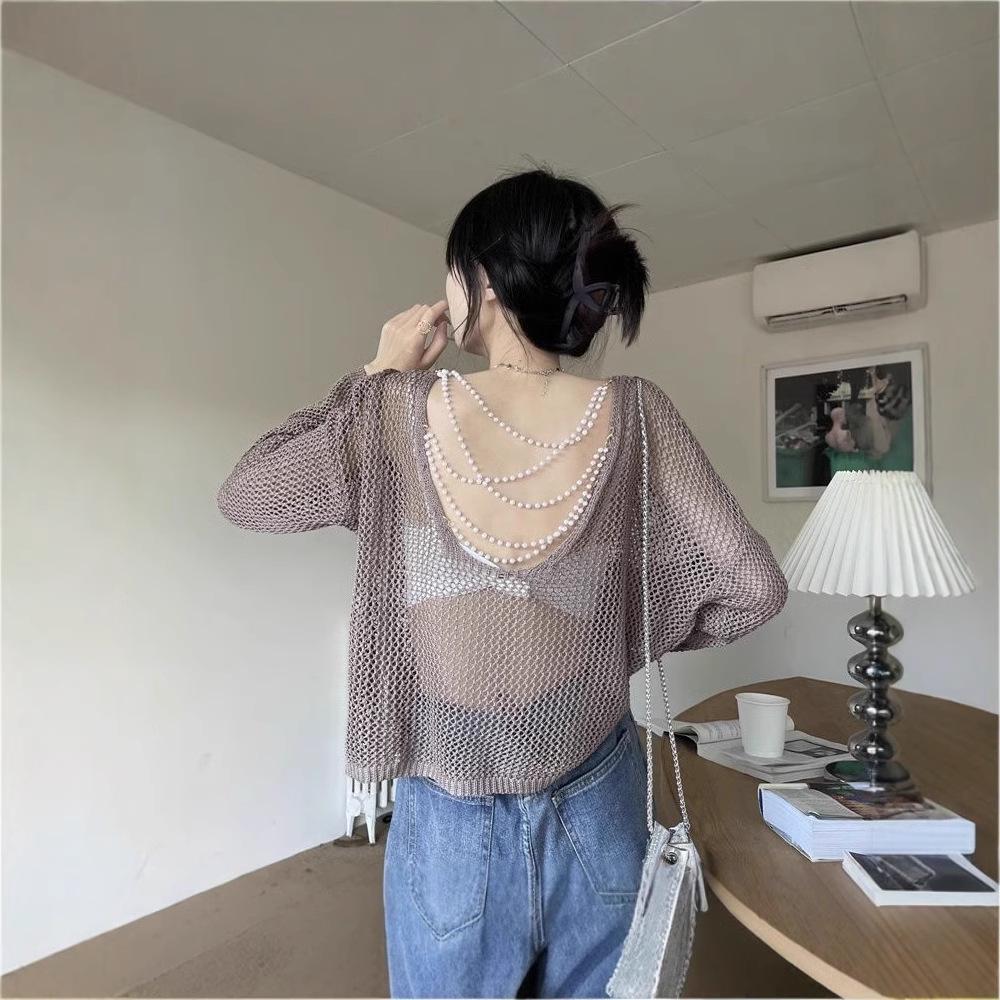 Sunscreen Knit Cardigan: Women's Backless Pearl Thin Long Sleeve Pullover for Summer & Early Autumn
