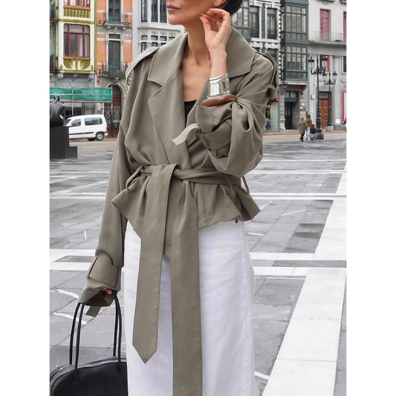 Женская однотонная куртка с длинным рукавом на шнуровке, модное однотонное пальто-тренч короткой длины с лацканами и поясом для осени и на каждый день, уличная одежда