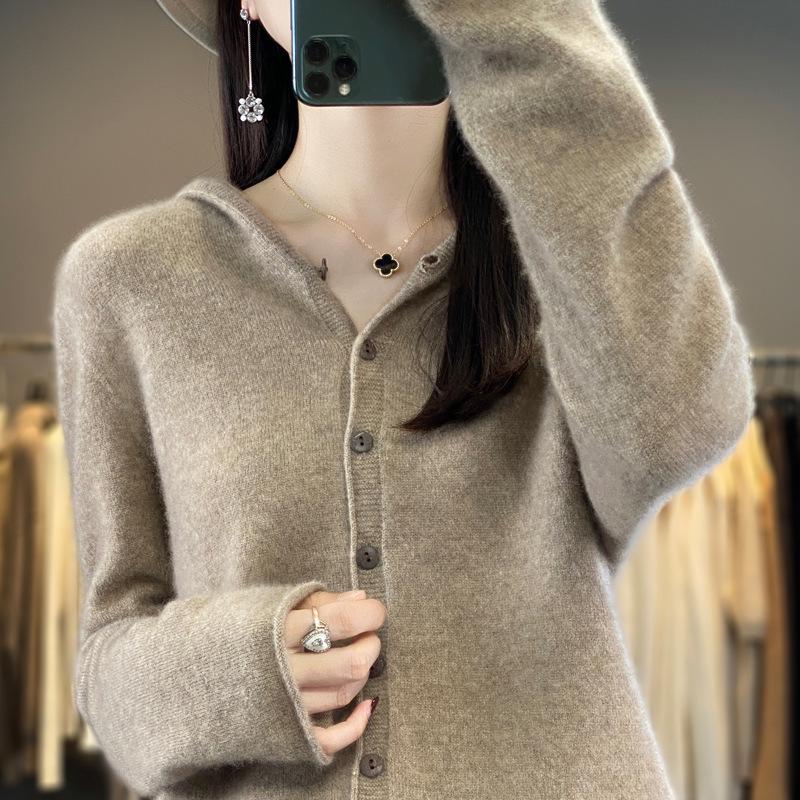 Women's 100% Wool Hooded Cardigan - Versatile Autumn/Winter Pure Color Knit Jacket