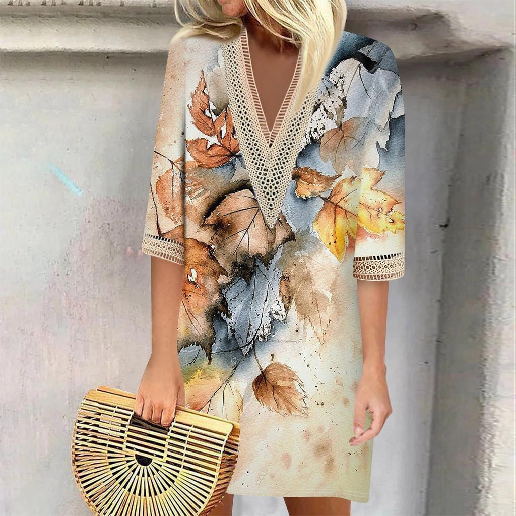 Летние платья для женщин, модное повседневное свободное кружевное платье с V-образным вырезом и рукавами 3/4 с принтом