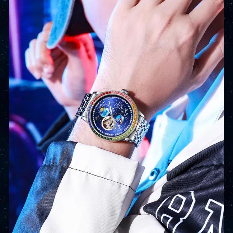 Dulunwe Business Skeleton Tourbillon Automatic Self-Winding Mechanical Watches Trend Fashion Color Diamond Sky Dial Men Watch Waterproof