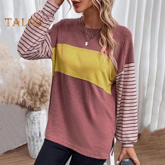 Женская футболка с круглым вырезом и длинным рукавом в полоску контрастного цвета свободного кроя, эластичная дышащая футболка-пуловер
