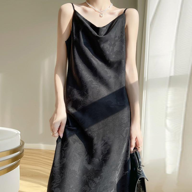 Silk Satin Spring Summer Ladies Swing Neck Jacquard Temperament Slimming Slip Dress with Silk Slip Slip Dress