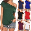 Korean Style Casual Women's Slanted Neck Off-Shoulder Irregular Short-Sleeve T-shirt
