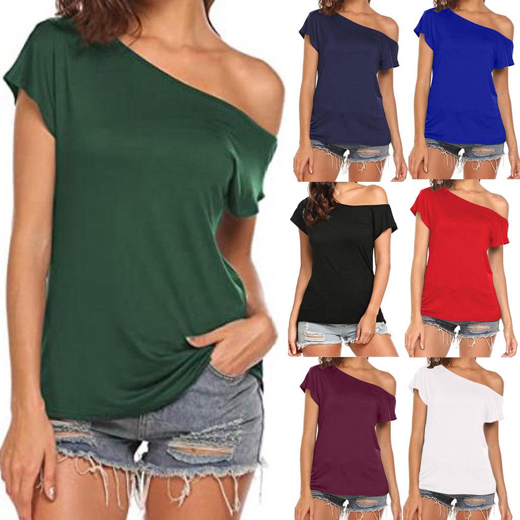 Korean Style Casual Women's Slanted Neck Off-Shoulder Irregular Short-Sleeve T-shirt