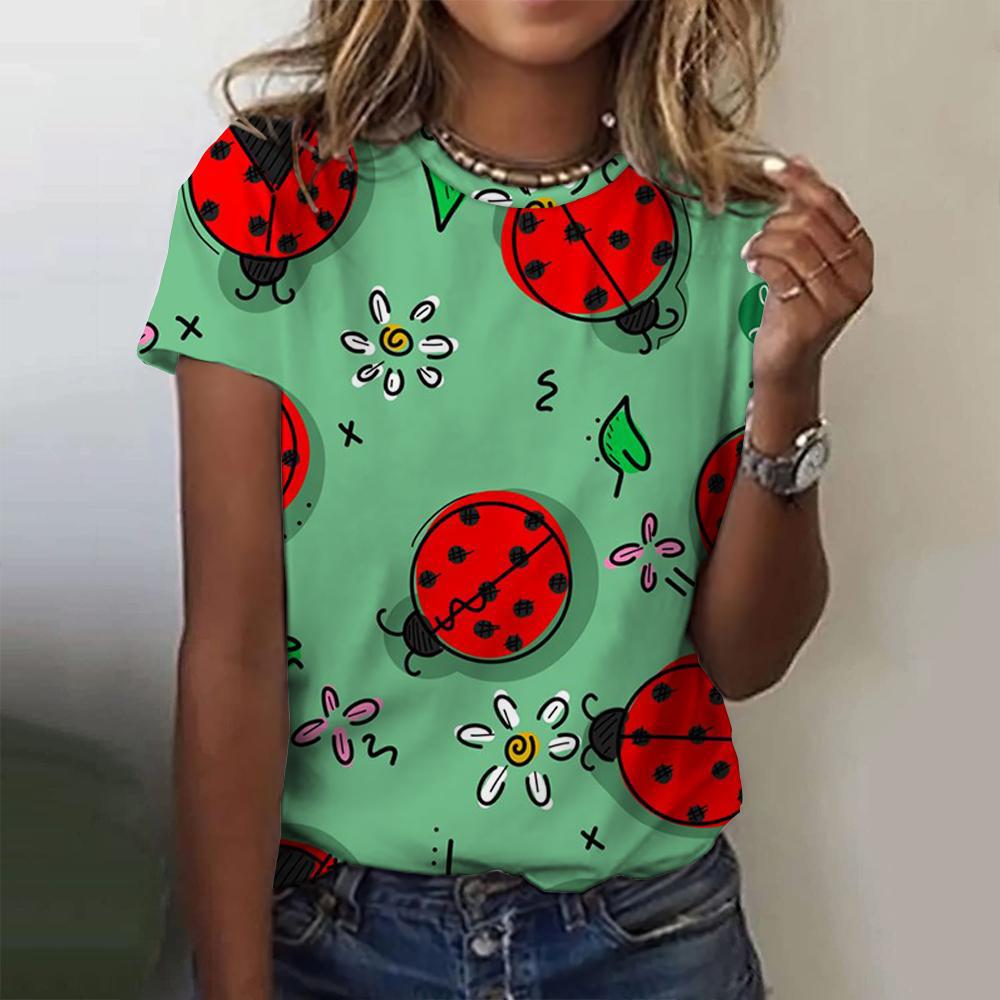 Летний топ с круглым вырезом и принтом 3D божьей коровки, модные повседневные женские футболки с короткими рукавами
