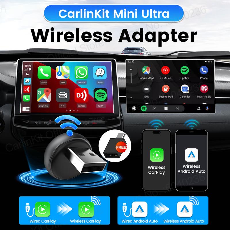 Мини-адаптер CarlinKit Mini Ultra 3 для беспроводного Android Auto и CarPlay, WiFi 2,4 ГГц и 5 ГГц, BLE, Автоматическое подключение, Обновление OTA, Мини-смарт-бокс для автомобиля