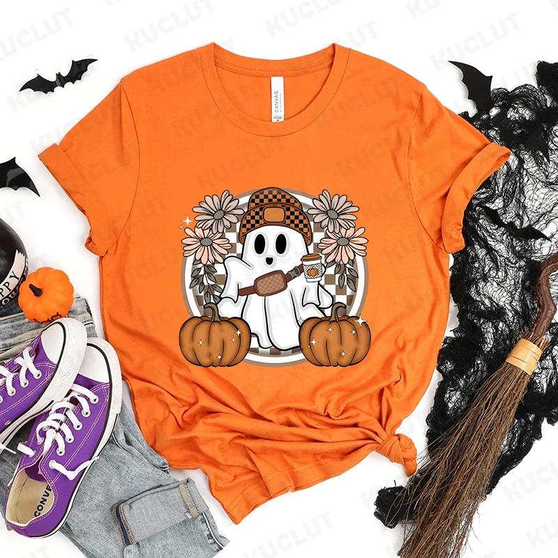 Happy Halloween Модная женская футболка Летние повседневные топы Жуткие сезонные футболки Хэллоуин Тыквы Футболки с привидениями Подарки на Хэллоуин