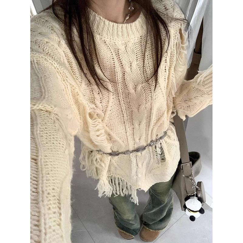 Осенний уличный рваный сексуальный вязаный свитер с открытыми плечами для женщин с длинным рукавом больших размеров, повседневные свитера-пуловеры для женщин, элегантные однотонные свободные трикотажные изделия 24782