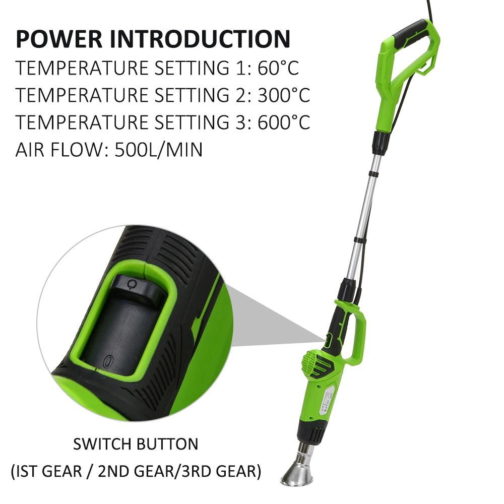 2000 Вт 3-в-1 Пальник для сорняков Электрический термический пропольщик Горячий воздух Сорняки Трава Пламя Прочный Безопасный Садовый инструмент с 5 насадками