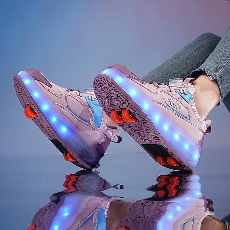 Детская спортивная обувь с подсветкой, перезаряжаемые двухрядные четырехколесные коньки, походная обувь, спортивная обувь для досок
