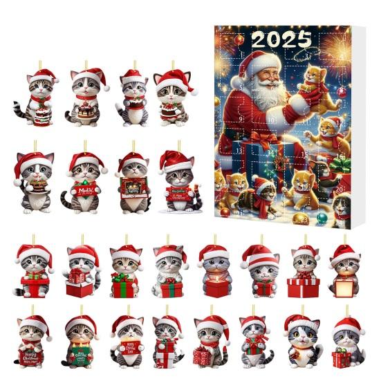 Cat Advent Calendars 2025 2D Acrylic Cute Cat Ornaments 24 Days Christmas Countdown Calendar Holiday Tree Hanging Decoration for Cat Lovers
