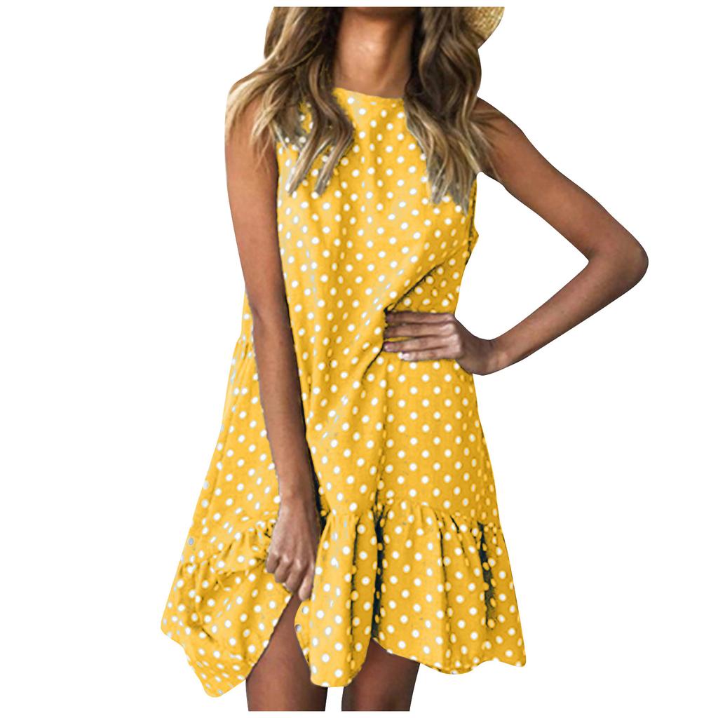 Fashion Women  Sleeveless Polka Dot Loose Casual Ruffle Dress