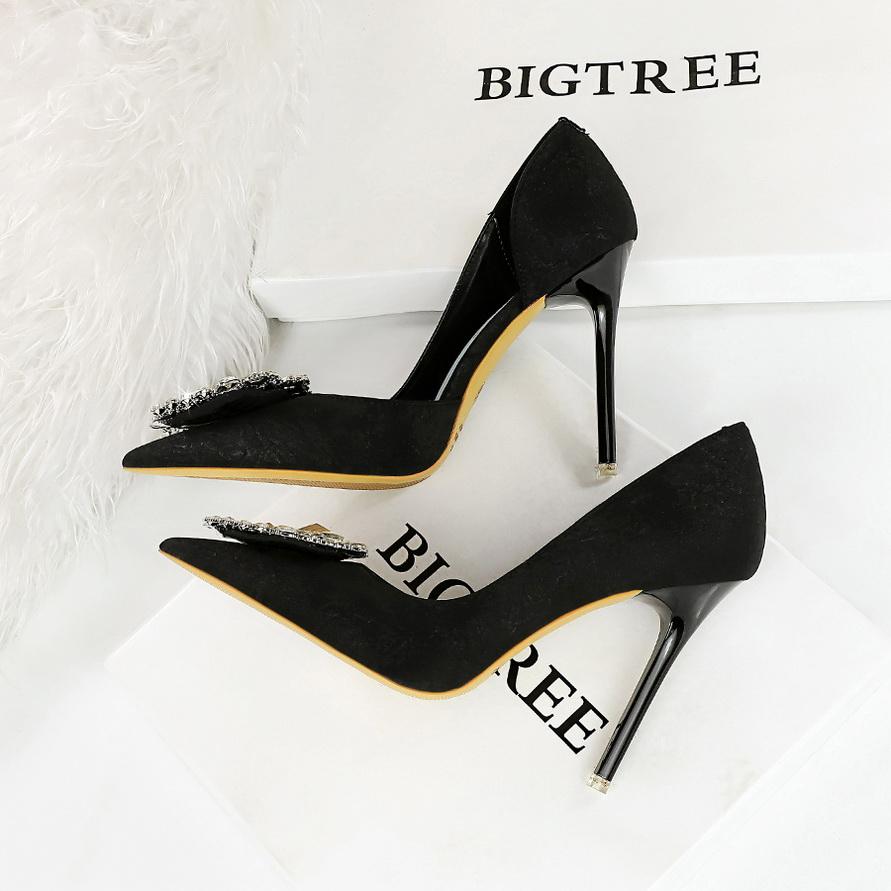 Women's Banquet High Heels Slim Heels Shallow Mouth Pointed Side Hollow Water Diamond Single Shoes