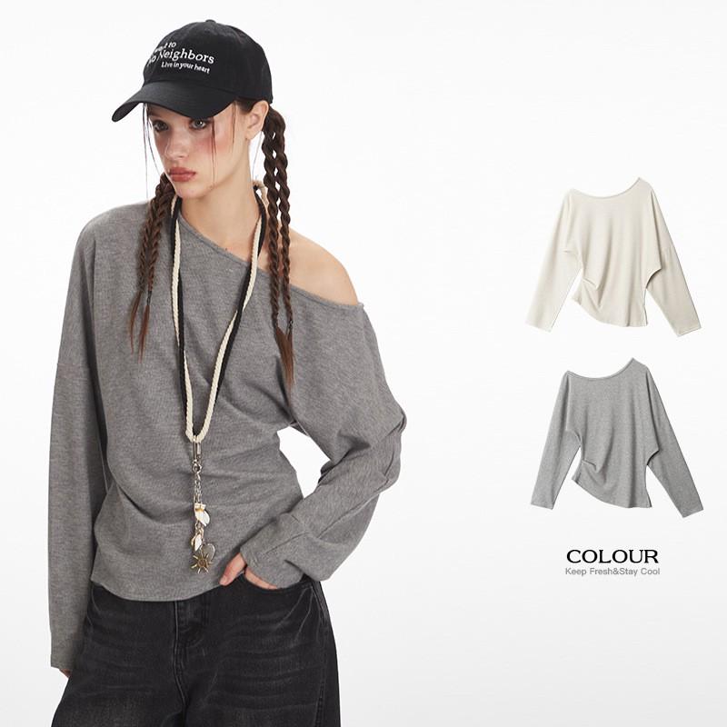 HeyHenry Womens Irregular Slant Neck Long Sleeve T-Shirt Slim Fit Off Shoulder Streetwear Top