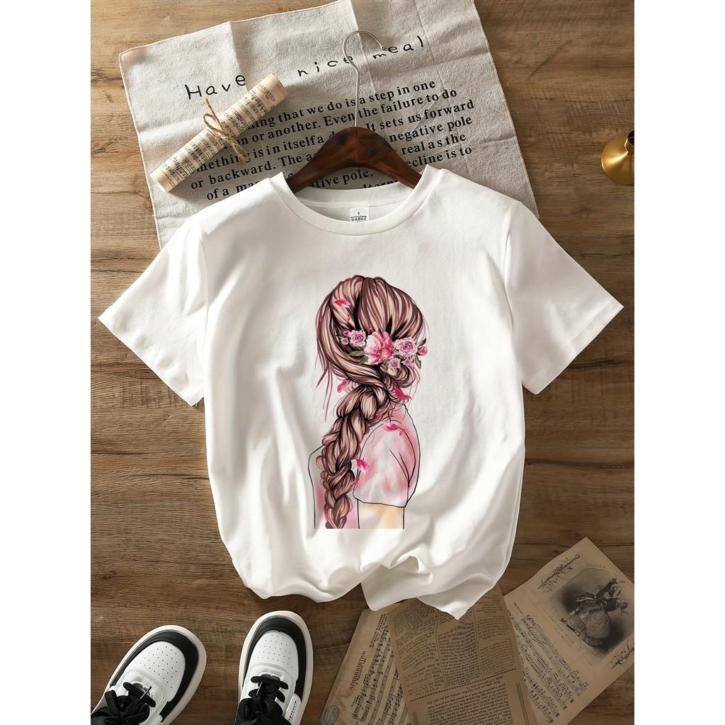 Ladies Holiday T-Shirt with Cute Cartoon Print - Comfortable Crew Neck, Casual Style, Machine Washable