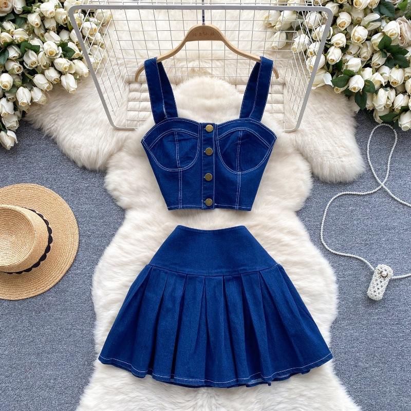 Women's Chic Hong Kong Style Retro Suit Short Camisole Vest Mini Denim Skirt Suit