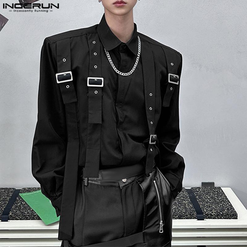 INCERUN Oversized Men Lapel Neck Long Sleeve Buttons Shirts Ribbon Patchwork Tops