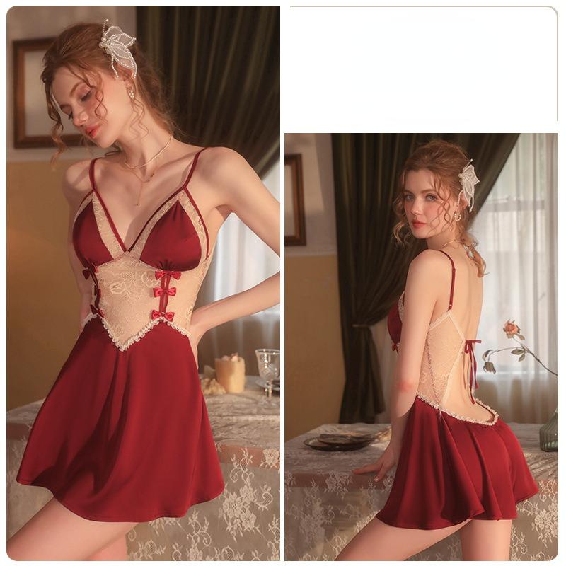 Sexy Backless Seductive Deep V Comfortable Pajama Bow Strap Pajama Dress Home Suit