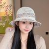 Women's Summer Straw Braided Wide Brim Fisherman Hat with Color Block Stripes and Face Shield – Ideal for Outdoor Travel.
