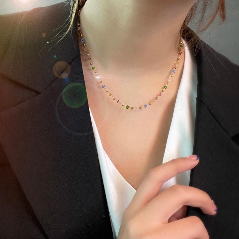 2023 Rainbow Sugar Cube Titanium Necklace - Women's Summer Clavicle Chain, Non-Fading, Clear Internet Celebrity Style